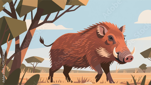 Illustration Of A Reddish Furred Bushpig In The African Savanna, Near A Bush Vector Design Template