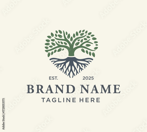 Family Tree of Life vector logo design, branches forming a heart icon, Banyan Oak Root Leaves