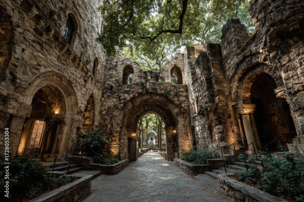 Fototapeta premium Weathered stone archway illuminated by natural daylight in historic architecture