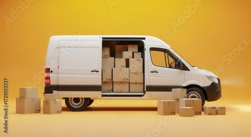 White delivery van loaded with cardboard boxes on a yellow background