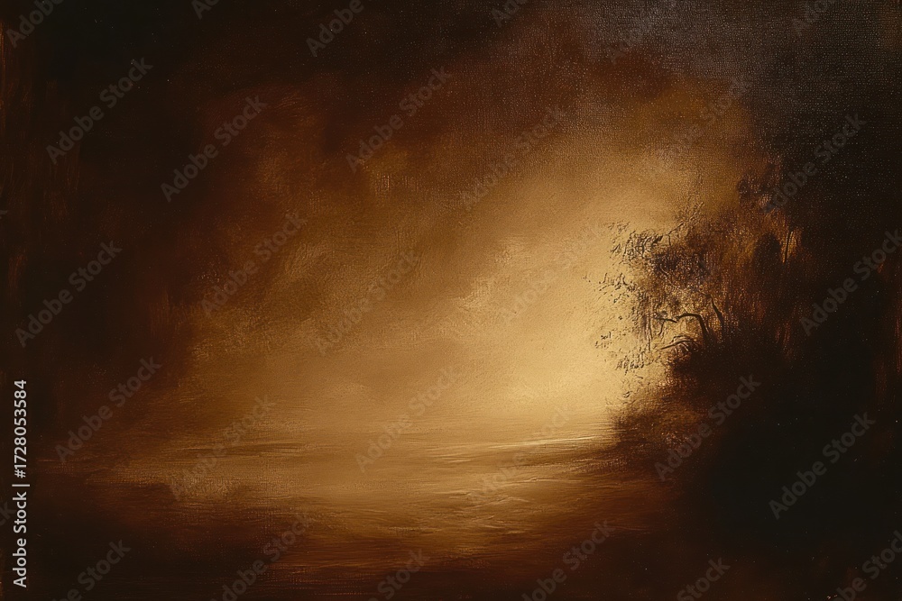 Fototapeta premium dark moody landscape with dense shadowy trees surrounding a glowing misty clearing in warm brown tones evoking mystery and calm
