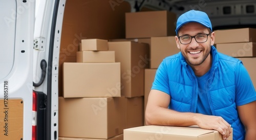 Smiling delivery man in a van full of packages