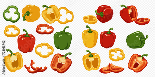 Colorful bell peppers in various forms including whole, halves, slices, and rings, showcasing red, yellow, and green varieties.