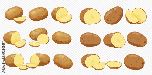 A collection of whole, halved, and sliced brown potatoes with yellow flesh, presented on a transparent background.