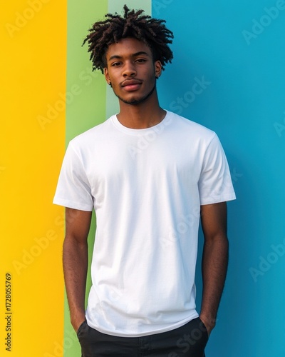 Young man in a plain white t-shirt against vibrant colors.