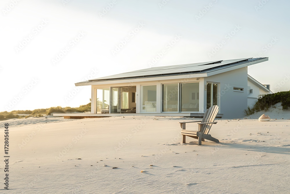 Fototapeta premium Modern Beach House with Solar Panels and Adirondack Chair on Sandy Shoreline at Sunset architecture