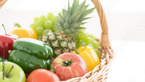 Wicker basket filled with colorful fruits and vegetables on a br