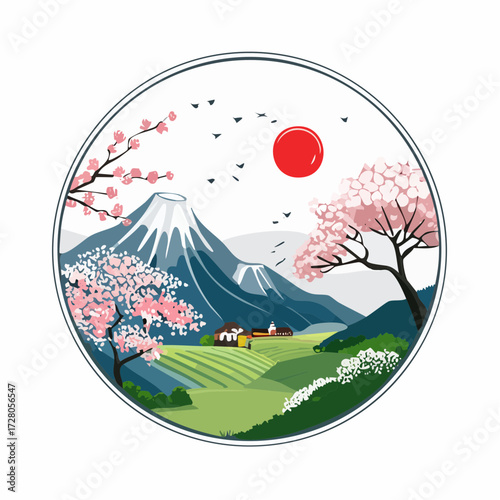 円形フレームと春の風景の墨絵風白黒ベクター素材
