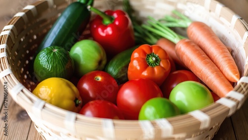 Woven Basket Overflowing with Freshly Harvested Vegetables and F