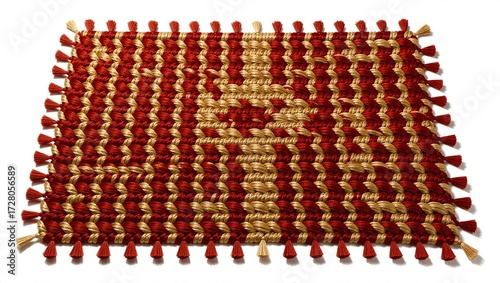 Woven Red and Gold Rug with Tassels on White Background, Top-Dow