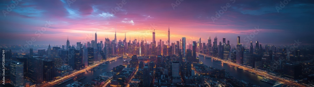 Obraz premium Vibrant panoramic cityscape at sunset featuring a river running through dense urban skyscrapers with glowing lights and colorful sky