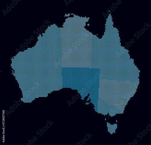 Australia dotted map. Digital style map of the country on dark background. Australia shape with square dots. Colored dots style. Small size squares. Artistic vector illustration.