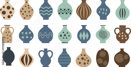 Pottery vases, ceramic collection, decorative design, cultural art, handmade texture, vintage style, vector set, traditional pattern, artistic icon, colorful shapes