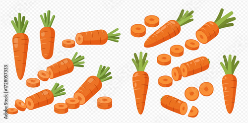 Collection of fresh, vibrant orange carrots, some whole and some neatly sliced into round pieces, depicted in a clean, cartoonish style.