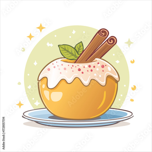 Delicious apple dessert with cinnamon sticks and icing topping