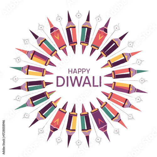 Happy diwali greeting card with colorful diyas arranged in a circle isolated on white background