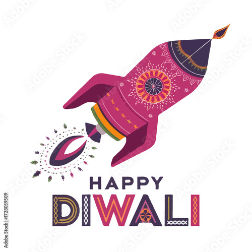 Decorative rocket with happy diwali text isolated on white background