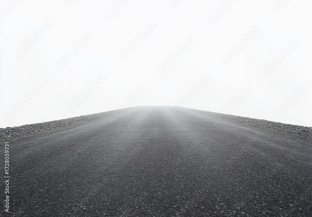 Naklejka premium Empty asphalt road stretching forward into a dense white fog, creating a sense of mystery and uncertainty