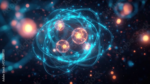 Fototapeta Naklejka Na Ścianę i Meble -  Glowing atomic structure with orbiting particles and energetic nuclei surrounded by vibrant blue swirling lines and bright orange-pink sparks in a dark space background