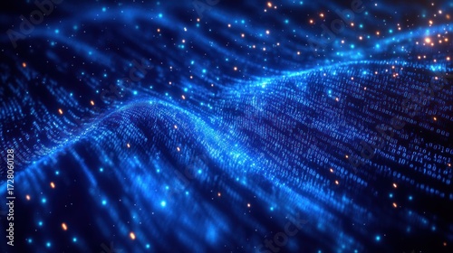 Abstract digital landscape with flowing blue binary code waves and glowing orange particles creating a futuristic technology feel