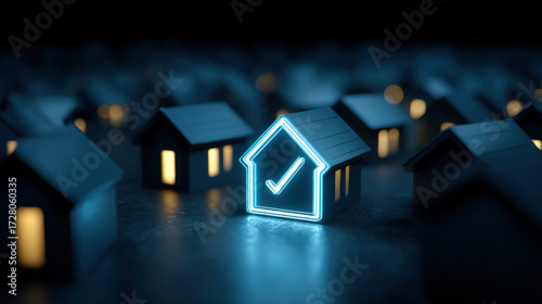 Glowing approved stamp highlights one house among many in blue-lit mortgage concept