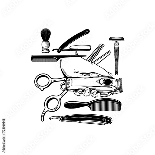 Professional barber tools meticulously arranged showcasing vintage razor, clippers, scissors, combs, and brush for ultimate grooming artistry.