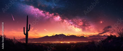 Vibrant desert night sky with glowing Milky Way, shooting stars above silhouetted cacti and distant illuminated city against dusky mountain horizon