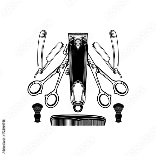 Professional barber tools arranged in elegant black and white design for modern barbershop branding and stylish grooming concepts, perfect for creative projects