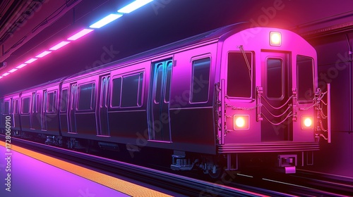 A futuristic subway train station illuminated by neon lights