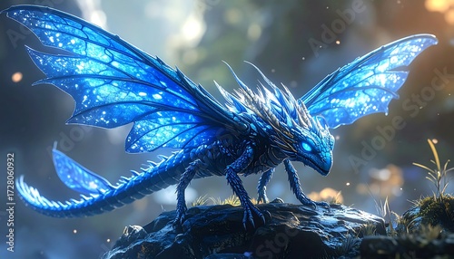 Fototapeta Naklejka Na Ścianę i Meble -  A vibrant blue dragon with shimmering wings, perched on a dark rock in a mystical forest