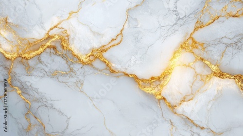 smooth white marble surface with intricate shiny gold veins flowing organically creating a luxurious and elegant texture