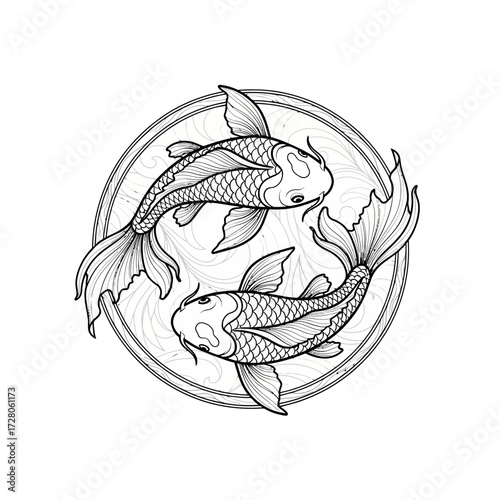 Elegant koi fish illustration intertwined within a circular yin and yang symbol drawing