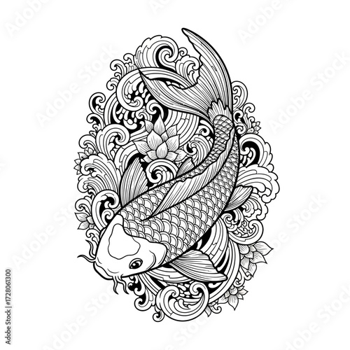 Elegant black and white koi fish drawing with intricate wave and floral elements illustration