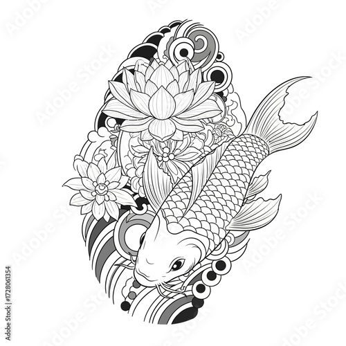 Elegant koi fish tattoo design with lotus flowers and flowing water illustration japanese art
