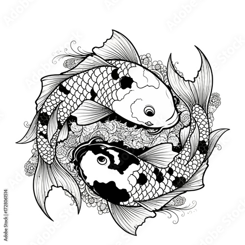 Elegant monochrome rendering of two koi fish intertwined in a symbolic circular design