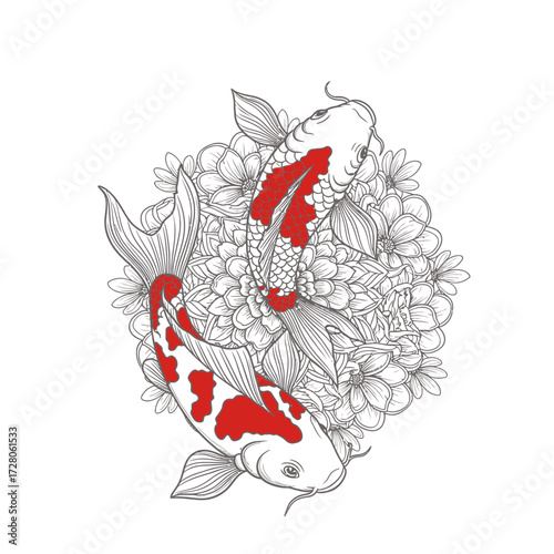 Elegant Koi Fish Amidst Floral Blooms in Artistic Hand Drawn Line Art Design