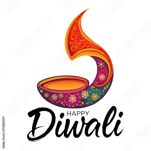 Decorative diya oil lamp for diwali festival isolated on white background