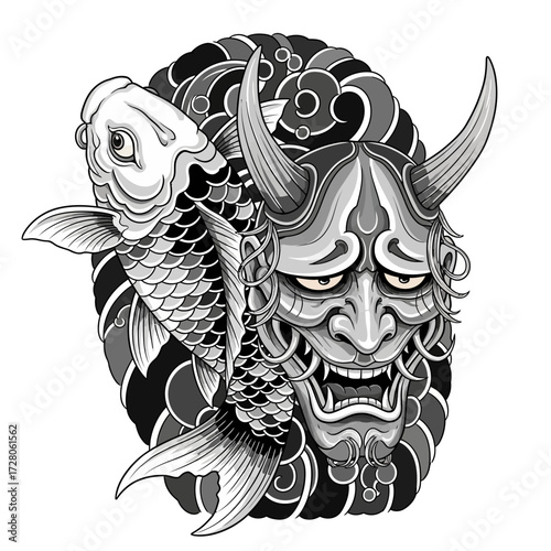 Dramatic depiction of a Koi fish and Hannya mask intertwined in traditional tattoo style
