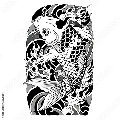 Elegant monochrome illustration of a koi fish swimming through flames and stylized waves