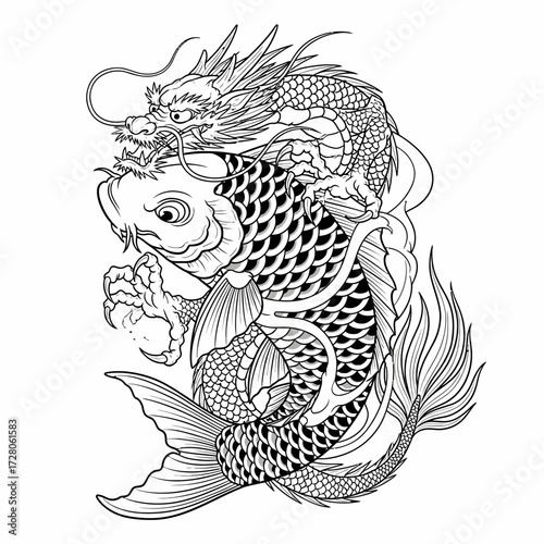 Detailed tattoo illustration of a dragon and koi fish entwined in elegant linework