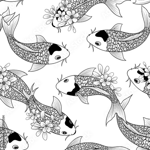 Elegant koi fish pattern with floral embellishments evoking serenity and artistic expression
