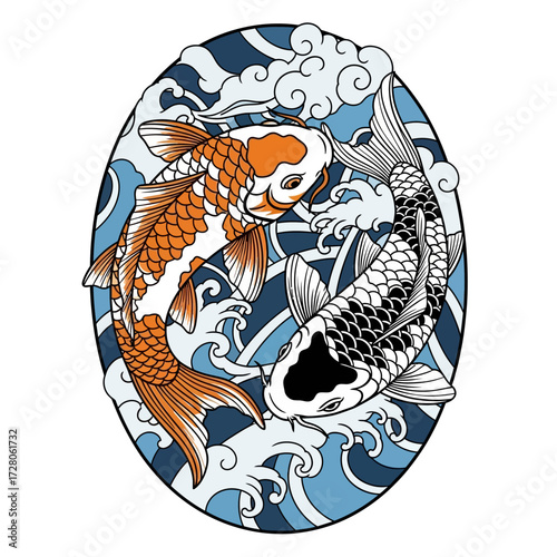 Serene Harmony: Two Koi Fish Intertwined Amidst Gentle Waves Symbolizing Balance and Prosperity