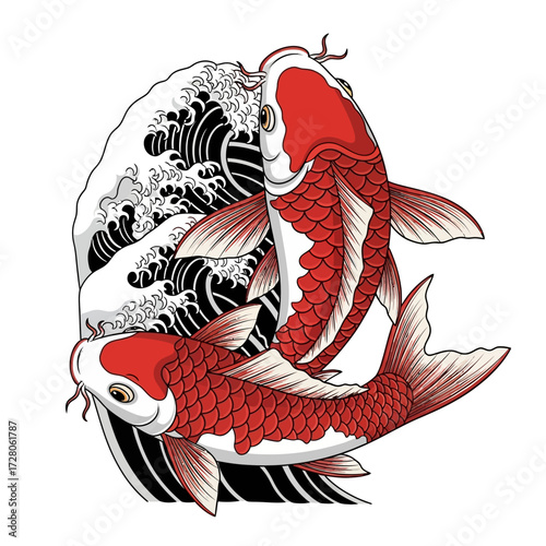 Elegant koi fish illustration with traditional japanese wave pattern background