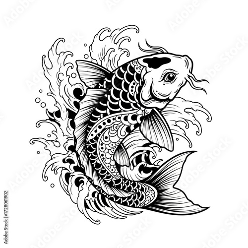 Elegant koi fish illustration with flowing water depicting japanese art symbolism