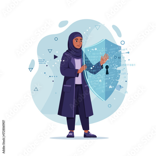 Cybersecurity Expert Muslim Woman Protecting Digital Data with Security Shield