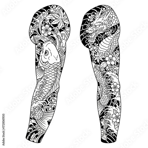 Detailed tattoo design featuring japanese koi fish and dragon motifs for sleeve art illustration