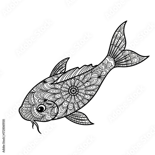 Intricate Koi Fish Zentangle Illustration for Relaxation and Creative Coloring Projects