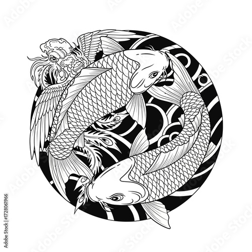 Elegant Koi Fish and Dragon Tattoo Design Illustrating Harmony and Transformation Symbolism