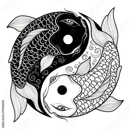 Yin and Yang Symbol with Koi Fish: Harmony, Balance, and Interdependence Depiction