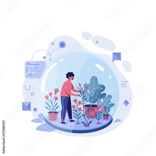 Girl tending to her garden in a transparent sphere, surrounded by plants, flowers, and abstract shapes